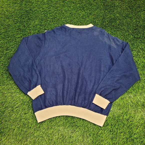 Vintage 80s MOD Ringer Sweater Large 22x25 Crop Blue Beige - Picture 3 of 12